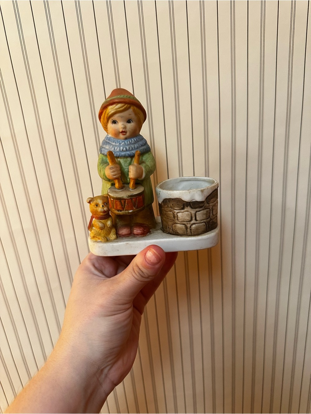 1980 WA Ceramic Drummer Boy Figurine & Dog Votive Candle Holder Holiday Decor